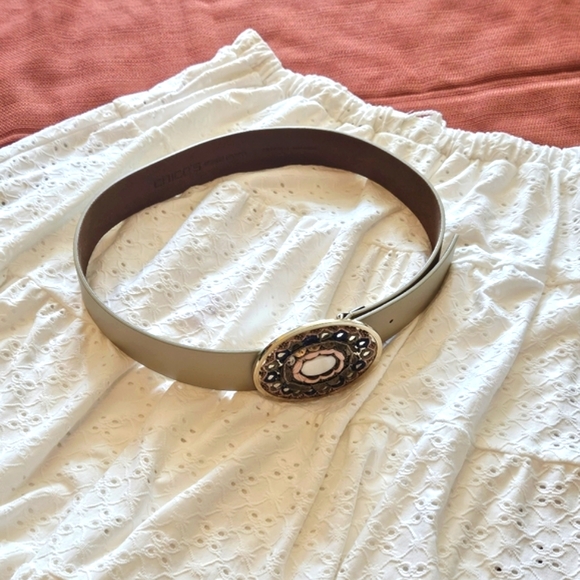 Chico's Leather Belt Bohemian Novelty Gold Tone Leather Embellished Brass Buckle - Picture 4 of 10